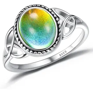 925 Sterling Silver Mood Ring for Women Vintage Celtic Knot Rings Jewelry 18K White Gold Plated Oval Solitaire Mood Ring Temperature Control Color Change Mood Ring