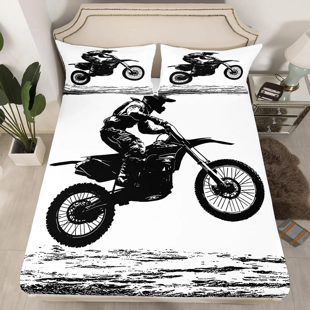 Dirt Bike Bedding Sets,Motocross Racer Fitted Sheet Extreme Sports Game Bed Cover for Young Man Adult Bedroom Decorative,with Deep Pocket No Top Sheet