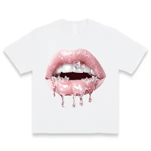 Women's Lip Print T-Shirt: casual style with short sleeves and a crew neck. Ideal for everyday wear, offering easy, laid-back comfort for daily occasions.