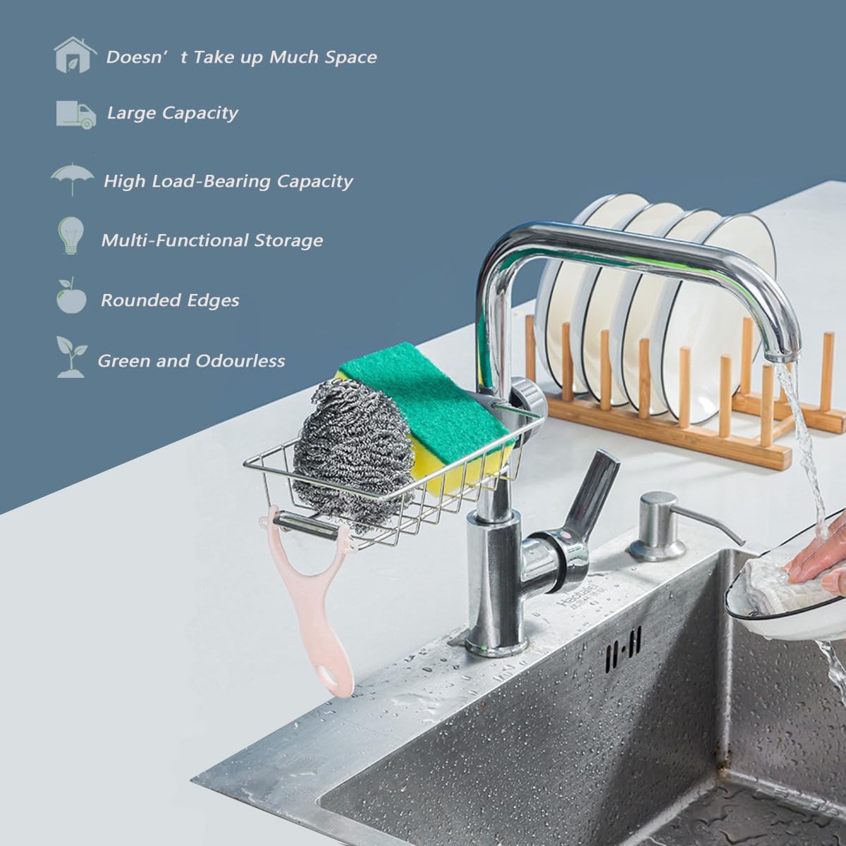 3in1 Kitchen Faucet Organizer Rack - Sponge Holder, Scrub Daddy Sponge, Dish Brush Stand, Soap Holder, Stainless Steel Multifunction Sink Caddy kitchen sink sponge  holder