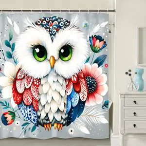 Cute Owl Shower Curtain Set with Hooks,Bathroom Cartoon Decoration with Floral Patterns, 72 X72 IN