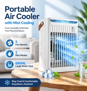 APZZLOXH Mini Air Cooler with 5 Speeds & 2 Mist Modes, 680ML Large Water Tank, 7 Color Night Light, USB Powered
