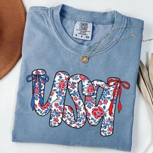 Comfort Colors Floral Coquette USA Shirt, Retro America T-Shirt, 4th Of July Gift, Patriotic Tee, Coquette Bow Shirt Floral Coquette USA , 4th Of July