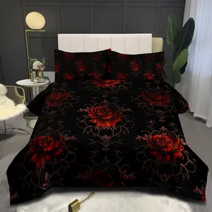 Gothic Black Red Rose Comforter Set,Vintage Rose Comforter,Red Black Damask Bedding Set for Boys Girls Teens,Luxury Floral Flower Duvet Set
