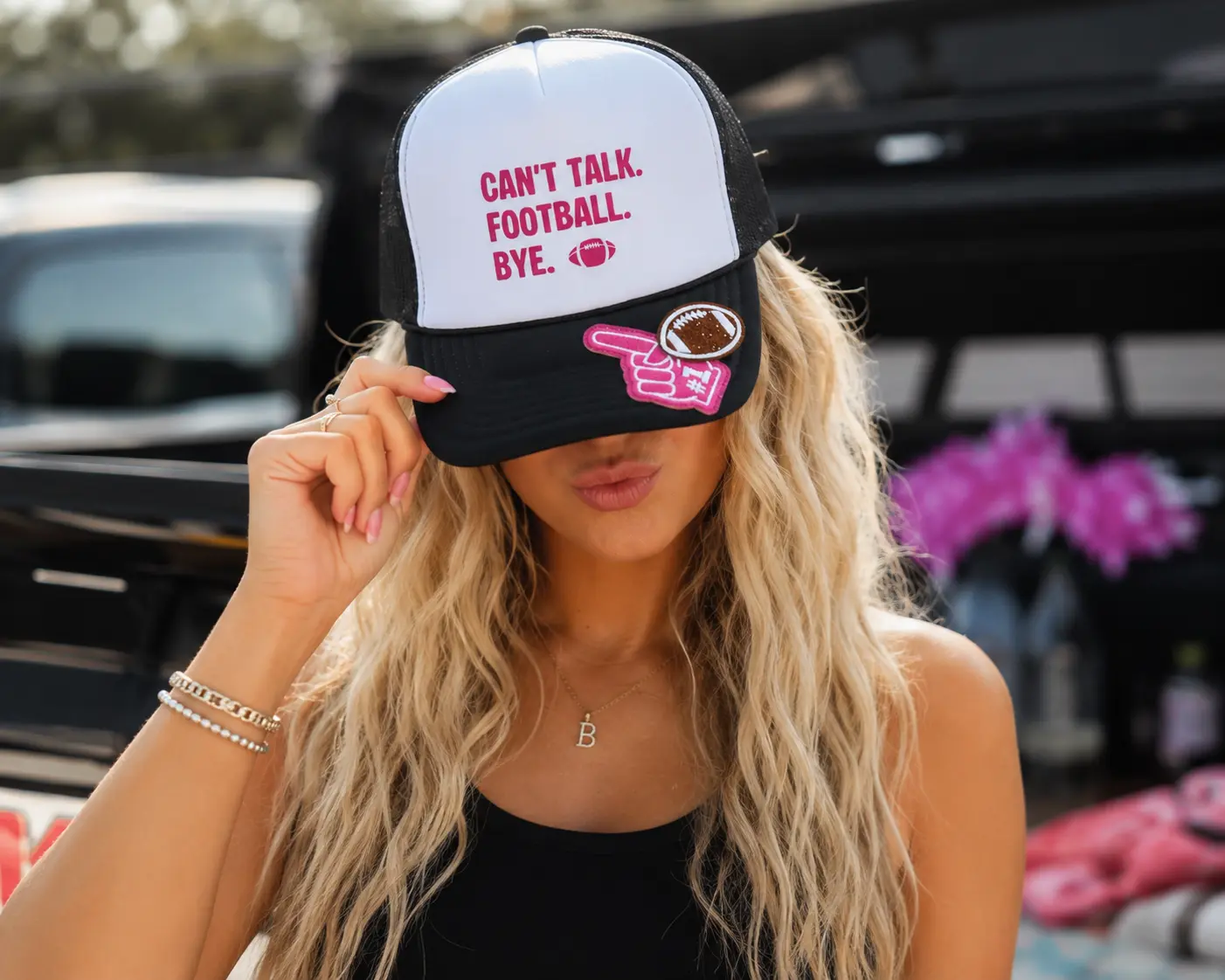 Can't Talk. Football. Bye. Trucker Hat | Pink & Black Football Hat | Exclusive TMB Gameday Hat