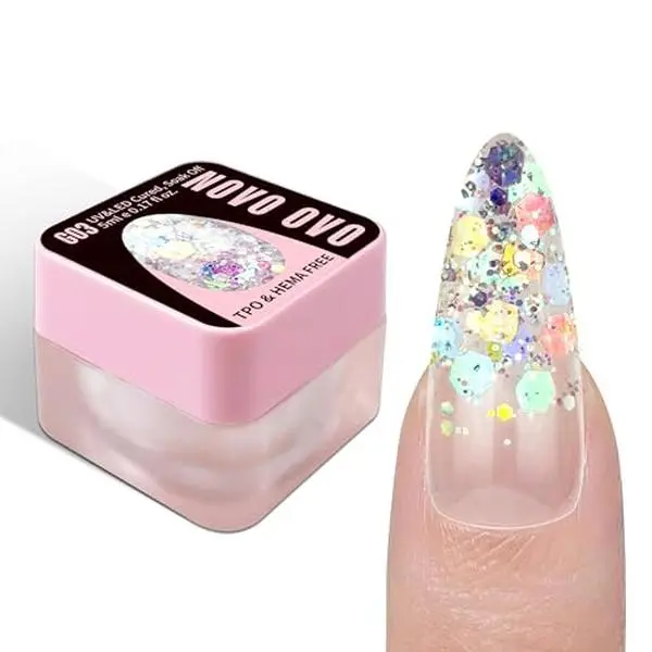 NOVO OVO Chunky Glitter Gel Nail , G03 Iridescent Ice (Aurora Holographic) TPO & HEMA Free, High-Density Sparkle Confetti Varnish, Reflective Soak Off UV LED Manicure for DIY Nail Art 5ml