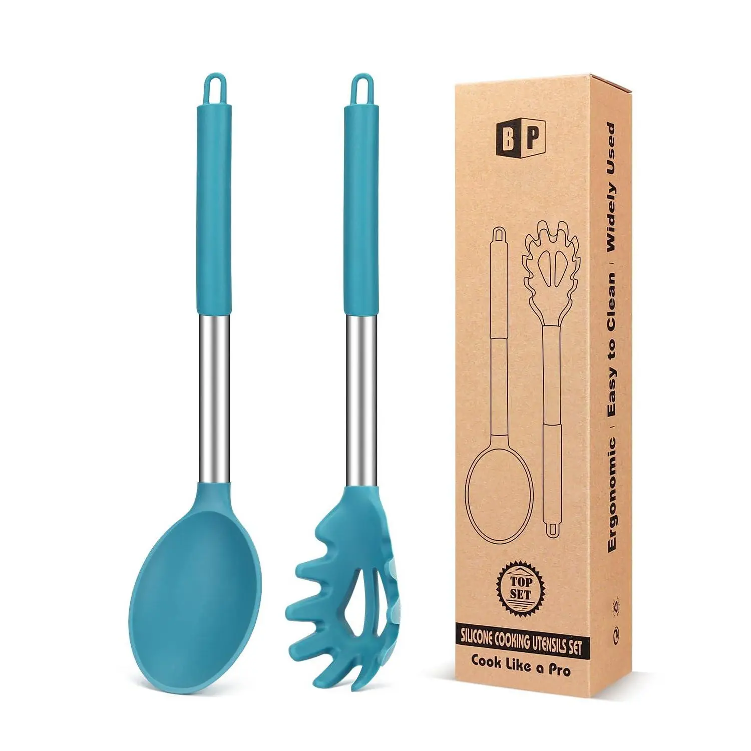 Silicone Pasta And Cooking Spoon Set  Non Stick Kitchen Utensils For Stirring Serving Spaghetti Soup Sauce (blue)