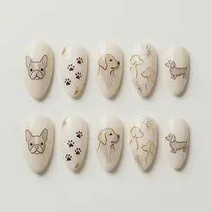 Pink Gold Press On Dog Nails, Short Square Reusable Fake Nail Set, 3D Puppy Face, Bulldog Dachshund Charm, Handmade Custom