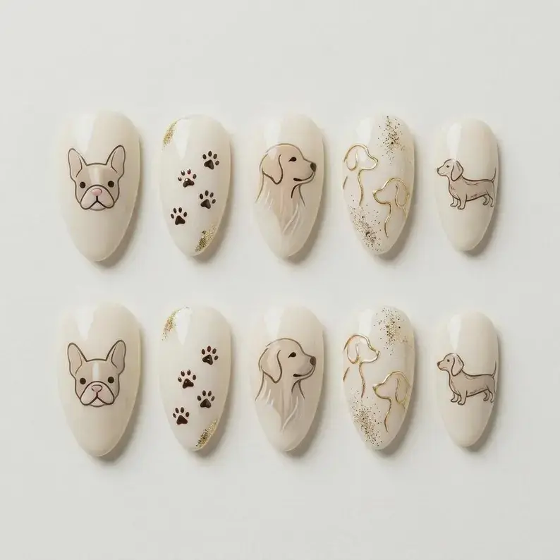 Pink Gold Press On Dog Nails, Short Square Reusable Fake Nail Set, 3D Puppy Face, Bulldog Dachshund Charm, Handmade Custom