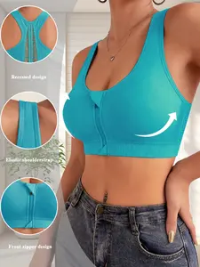 Front Zipper Racerback Sports Bra U Neck Mesh Breathable Design Medium Impact Support Push Up Easy To Wear Wireless Bra