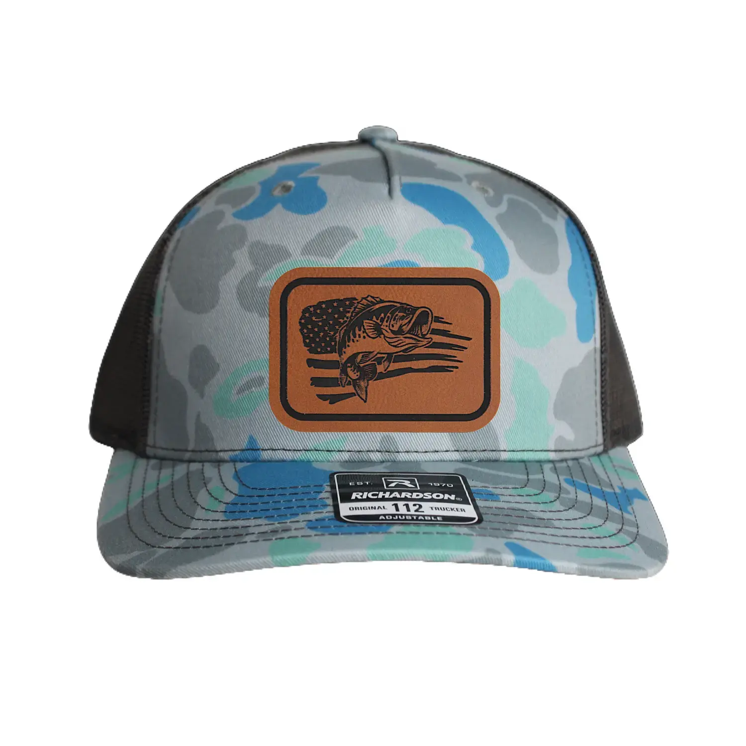 Richardson 112 blue camo with Bass patch Outdoor Headwear Camouflage Fisherman Hat