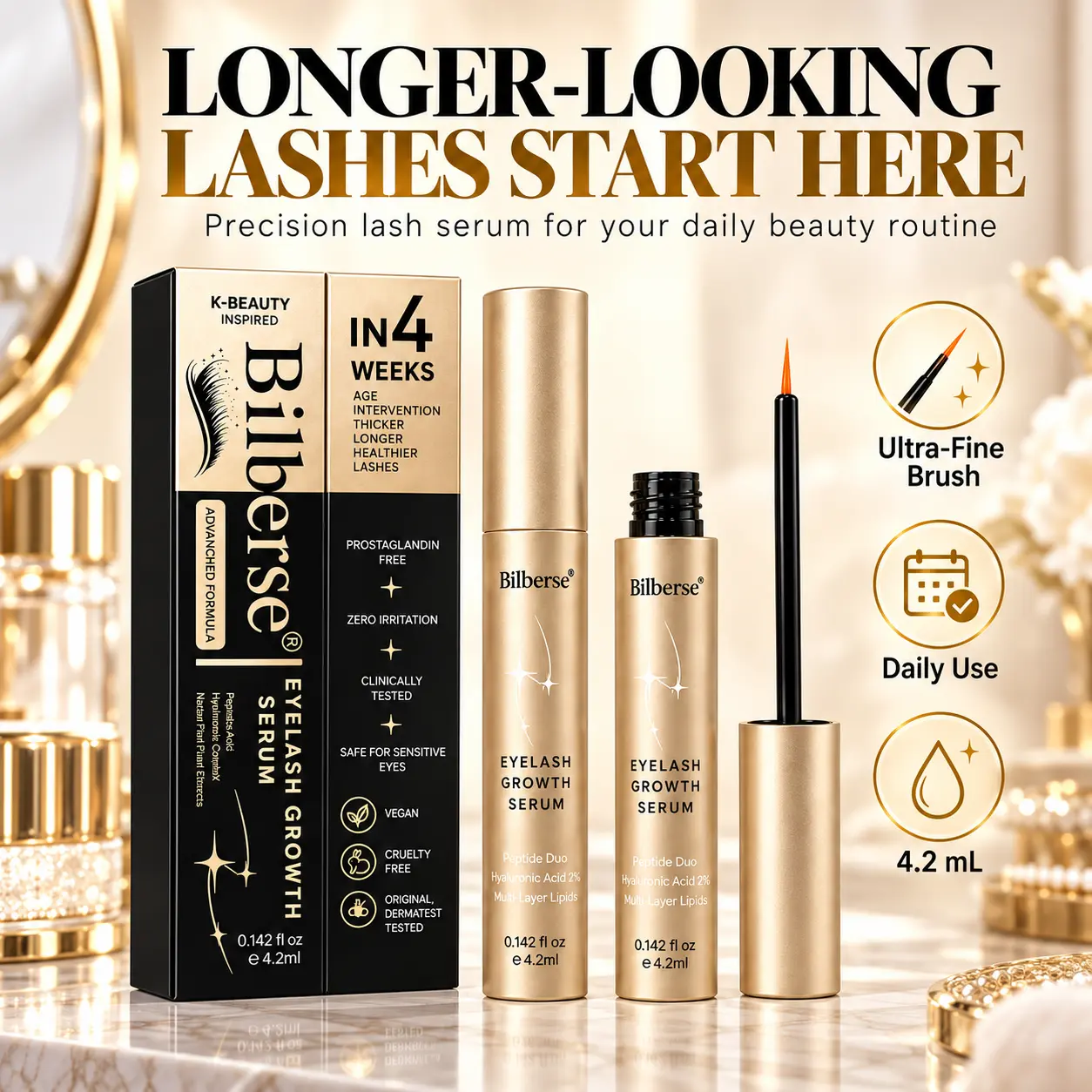 Bilberse Eyelash Growth Serum (4.2mL) - Prostaglandin-Free Peptides+Biotin, Scientist-Developed Lash Care for Daily Apply, Sensitive Skin, Longer Lashes, Anti-Aging