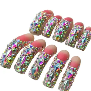 Jmnails long square curve nails 10Pcs Handmade High Quanlity Acrylic Press on Nails Art Beautifull Nails Party Luxury Fashion Comfortable and Reusable Nails beautiful design dimond filled