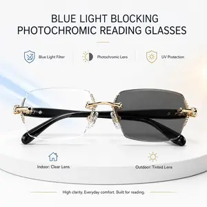 Photochromic Blue Light Glasses for Men Women, Rimless Color Changing Computer Glasses, UV400 Lightweight Eyewear