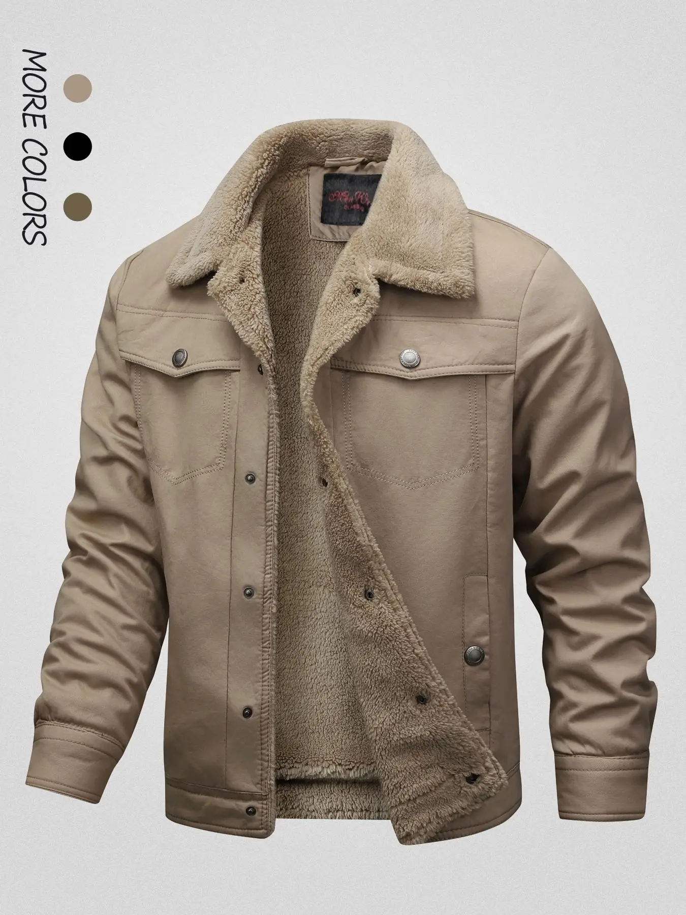 Men's Solid Button Front Pocket Fleece Jacket, Regular Fit Casual Long Sleeve Thermal Lined Collared Outerwear for Winter, Men's Clothes for Daily We