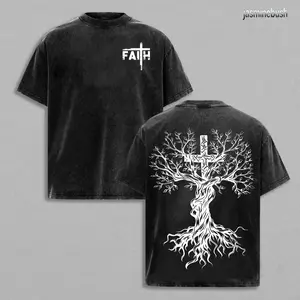 Faith Tree Cross Vintage Washed Tee, Unisex Oversized Christian T-Shirt with Bible Verse-Inspired Graphic Jesus Shirt Unisex Christian Shirt Christian Streetwear Church Outfit