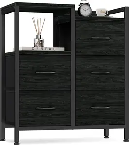 5-Drawer Black Fabric Dresser with 2-Tier Shelf – Small Storage Cabinet for Bedroom, Closet, Hallway, or Dorm