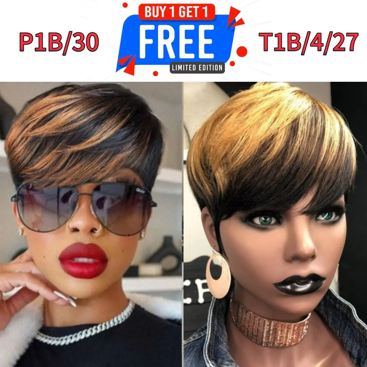 [Combo Sale] Buy 1 Get 2 Short Pixie Cut Wig Virgin Brazilian Human Hair Colorful A Variety of Styles for You to Choose Full Machine Made Wig