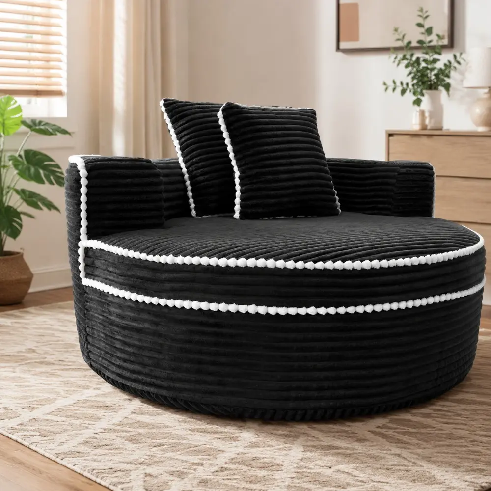 Littleox Round Sofa Bed with Memory Foam Sectional Couches for Living Room, Cloud Couch with three pillows, Black