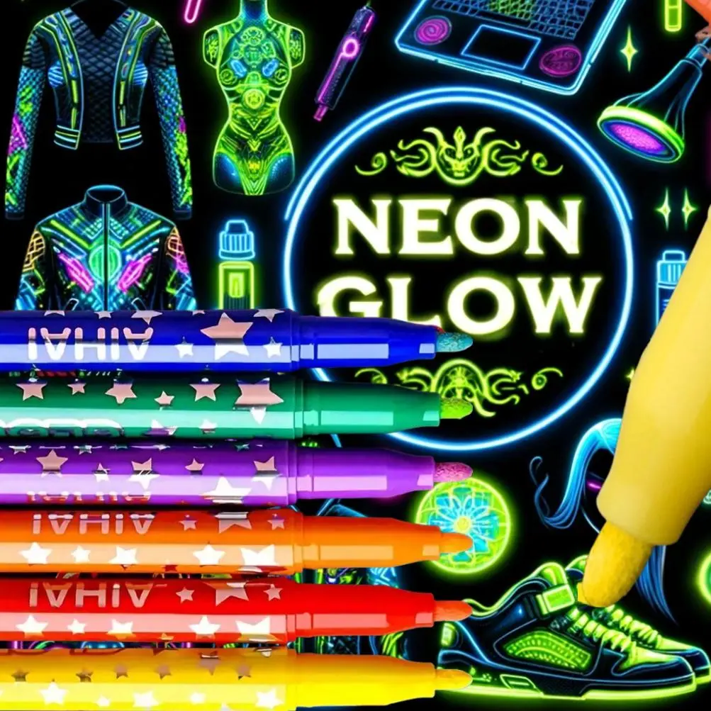 Colorful Neon Glow Highlighter Pen, 6 Counts/set Highlighter Marker Pen, Fluorescent Marker Pen, Luminous Markers, Neon Pens, Aesthetic Pens for DIY Scrapbooking, Journaling, Drawing, Writing