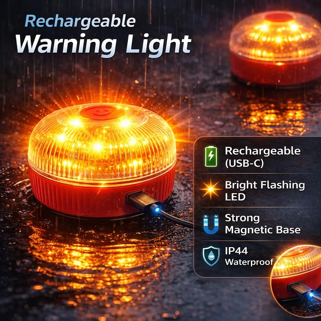 Rechargeable Car Emergency Beacon Light, USB-C Magnetic Strobe Warning Light, Bright Flashing LED Safety Signal, IP44 Waterproof