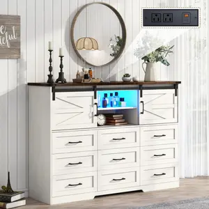 63" Farmhouse Dresser with Charging Station & LED Lights, Sliding Barn Door Storage Cabinet