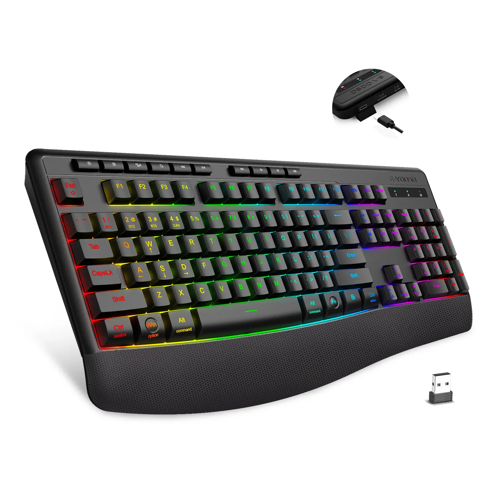 Wireless RGB Gaming Keyboard - 104-Key Full Size, Rechargeable Quiet Model with Wrist Rest, 2.4G Wireless for PC, Laptop, Mac, Windows