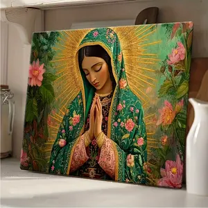 Virgin of Guadalupe Canvas Art Virgin Mary in Traditional Costume High-Quality Semi-Gloss Artist Canvas Modern Floral Paintings Rectangle Design for Home Office or Church Decor
