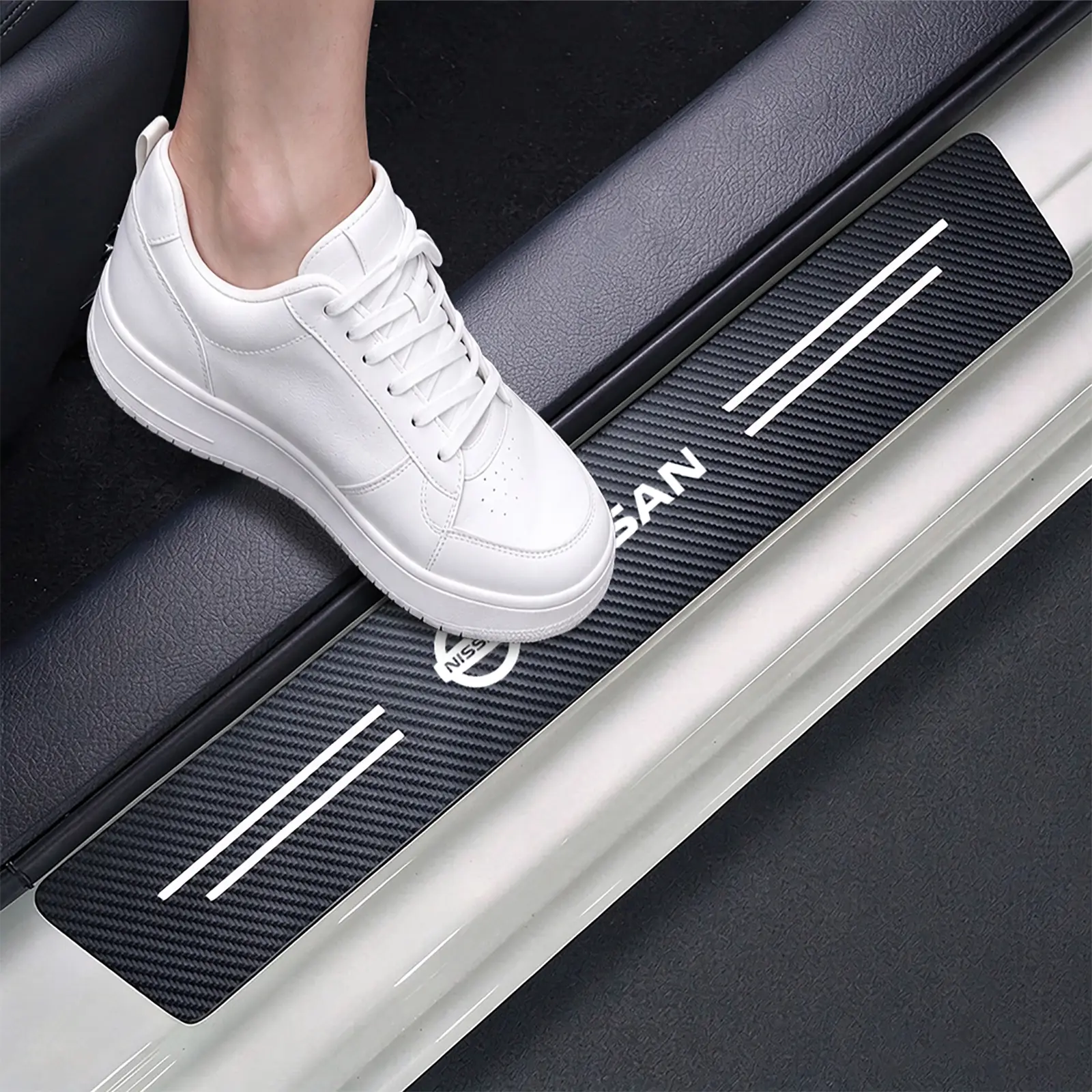 4PCS Car Door Sill Protectors for Nissan Altima Rogue Murano Maxiam Kicks Frontier Versa Pathfinder Titan‌ Ariya‌ ‌Armada Sentra Accessories, Carbon Fiber & Textured Leather Front & Rear Door Threshold Guards