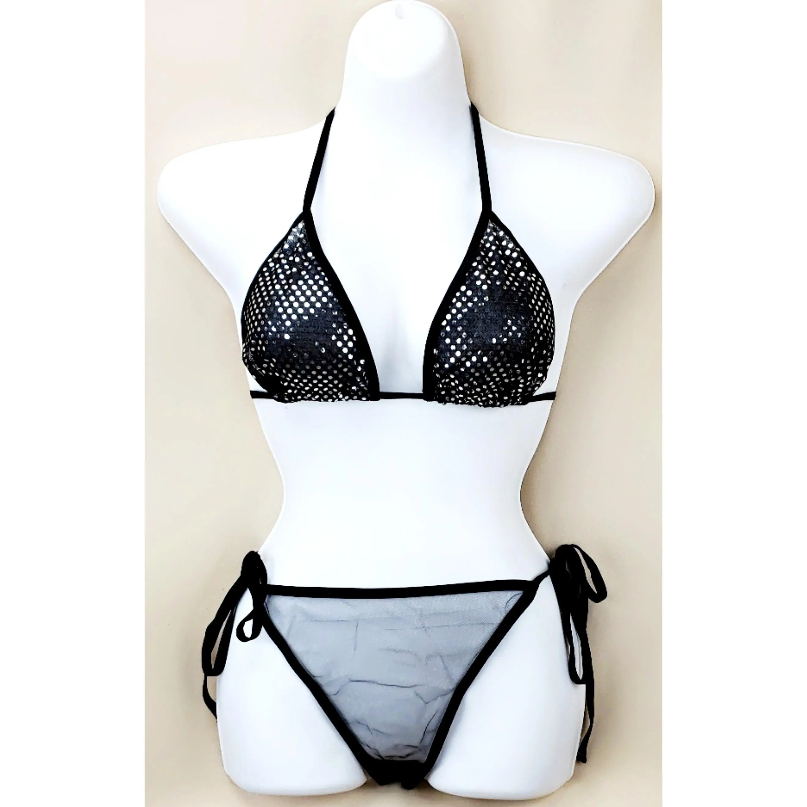 Black Sheer Embellished Silver Sparkly Bikini Set