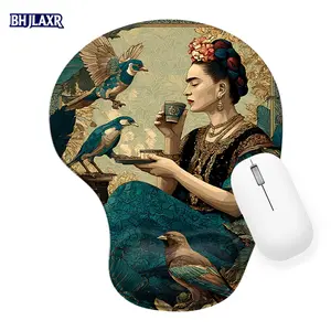 Stylized Frida Kahlo Artistic Tropical Woman Silicone Wrist Rest Mouse Pad 8.98*7.56inch - Office Home Computer Mousepad, Vintage Floral Bird Illustration, Gift for Art Lovers