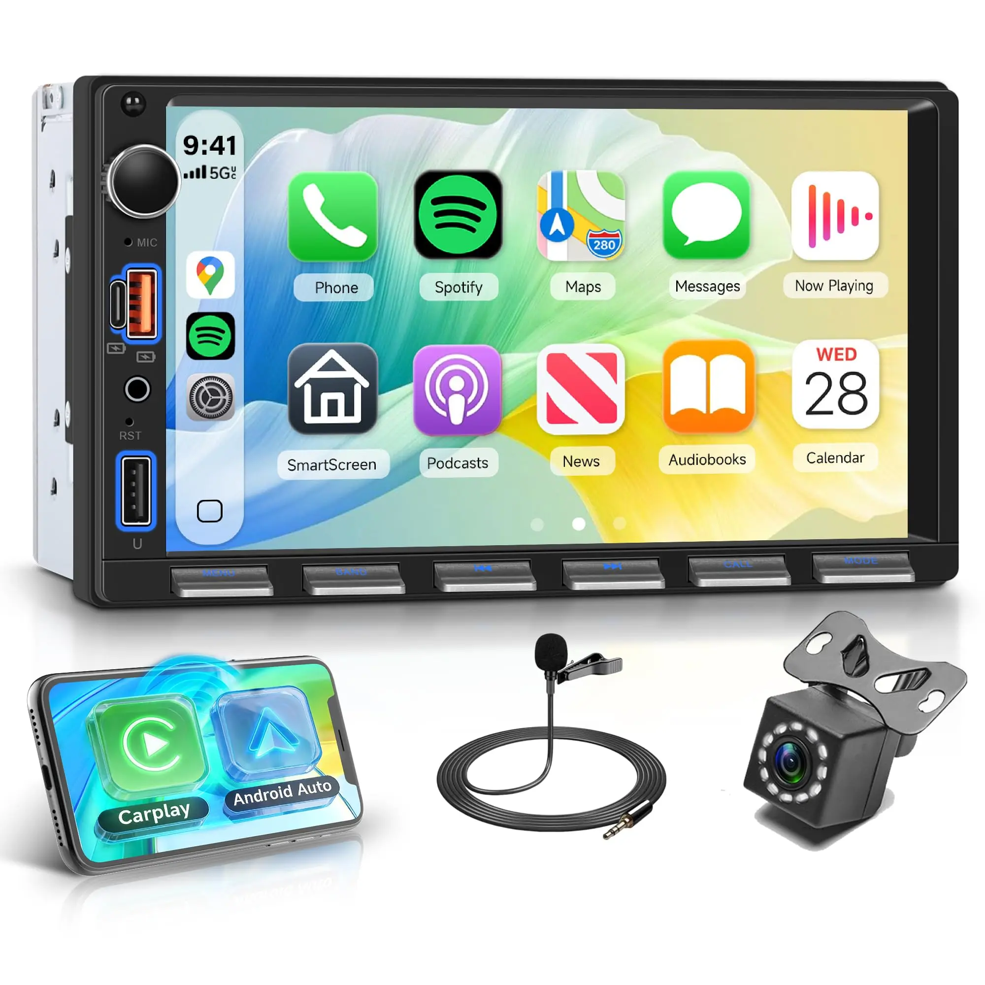 HIKITY 7 Inch Double Din Wireless Carplay Android Auto Car Stereo, Touch Screen You-Tube Online Video Mirror Link Bluetooth FM Radio SWC EQ AUX Audio USB Type-C 2 Din Car Radio with Backup Camera, Piano keys