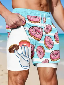 Men's 2-in-1 Quick Dry Swim Shorts, Funny Donut Print, Cartoon Graphic, Drawstring Waist, Compression Liner, Casual Summer Beach Shorts Trunks