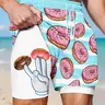 Men's Double-Layer Quick-Dry Shorts, Fun Donut Cartoon Pattern Drawstring Waist Summer Beachwear Drawstring Swim Shorts Swimming Shorts