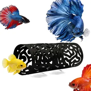 Betta Fish Hammock Hideout Aquarium Cave, Black Metal Hollow Cylinder Tunnel for Betta Resting Spot, Floating Betta Log Alternative, Shrimp Cave, Bettas Enrichment Toys Fish  Accessories