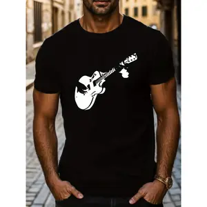 Men's Playing The Guitar Graphic Print Short Sleeve T-Shirt – Casual Crew Neck Soft Cotton Tee for Music Lovers & Daily Wear