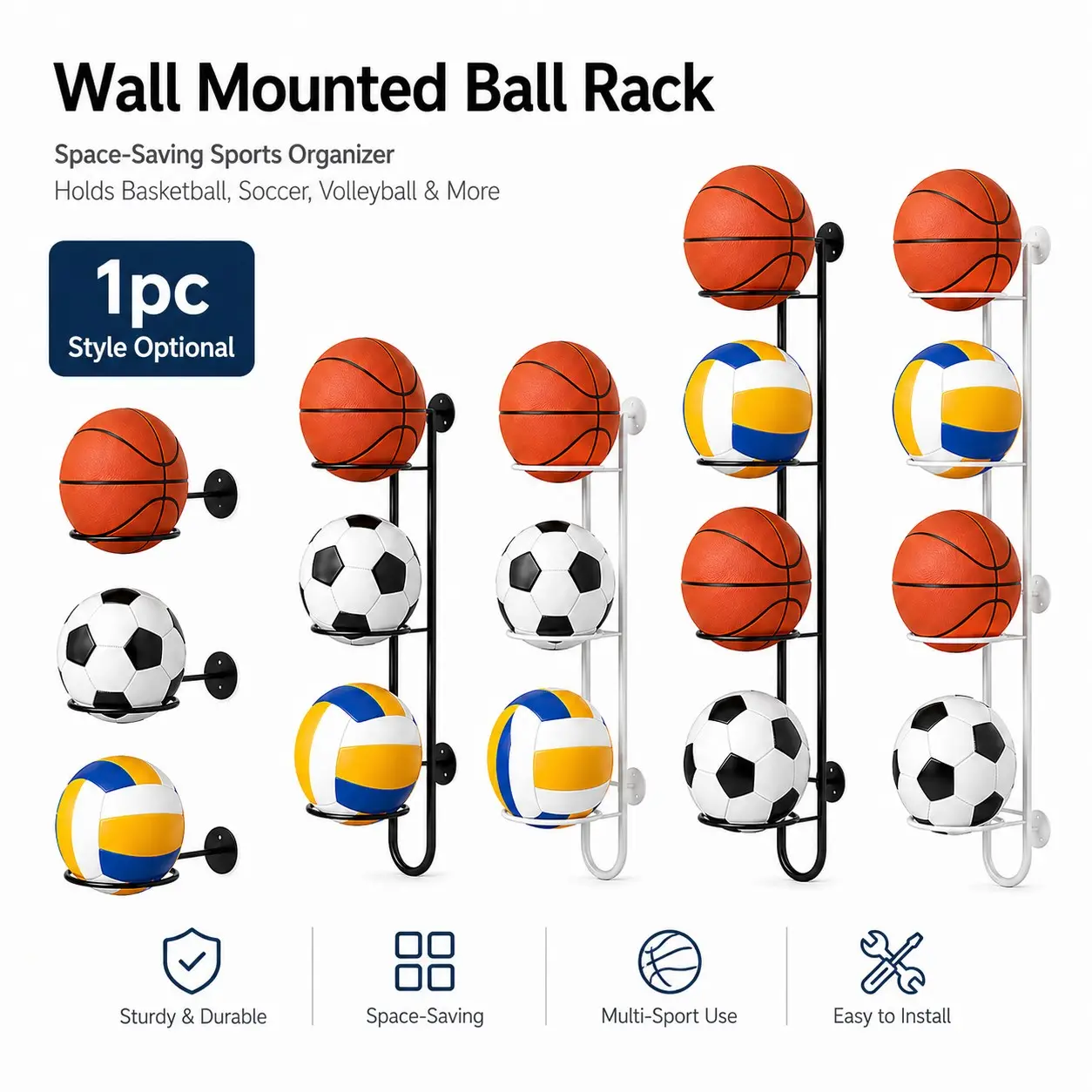 Wall Mounted Ball Rack, 3/4 Tier Metal Organizer, Durable, Easy Install Space Saving Sports Storage for Basketball, Football, Volleyball, Garage, Home Gym
