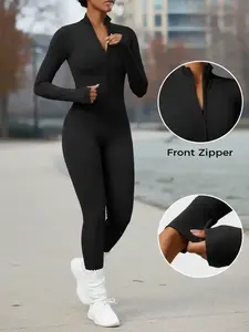 Women's Fall Winter Zipper Fleece Warm Stand Collar Jumpsuit, Slimming Bodycon Pants, Casual Fashion, Suitable for Daily Wear, Outdoor Training, Gym Workout, Sporty Comfy Jumpsuit