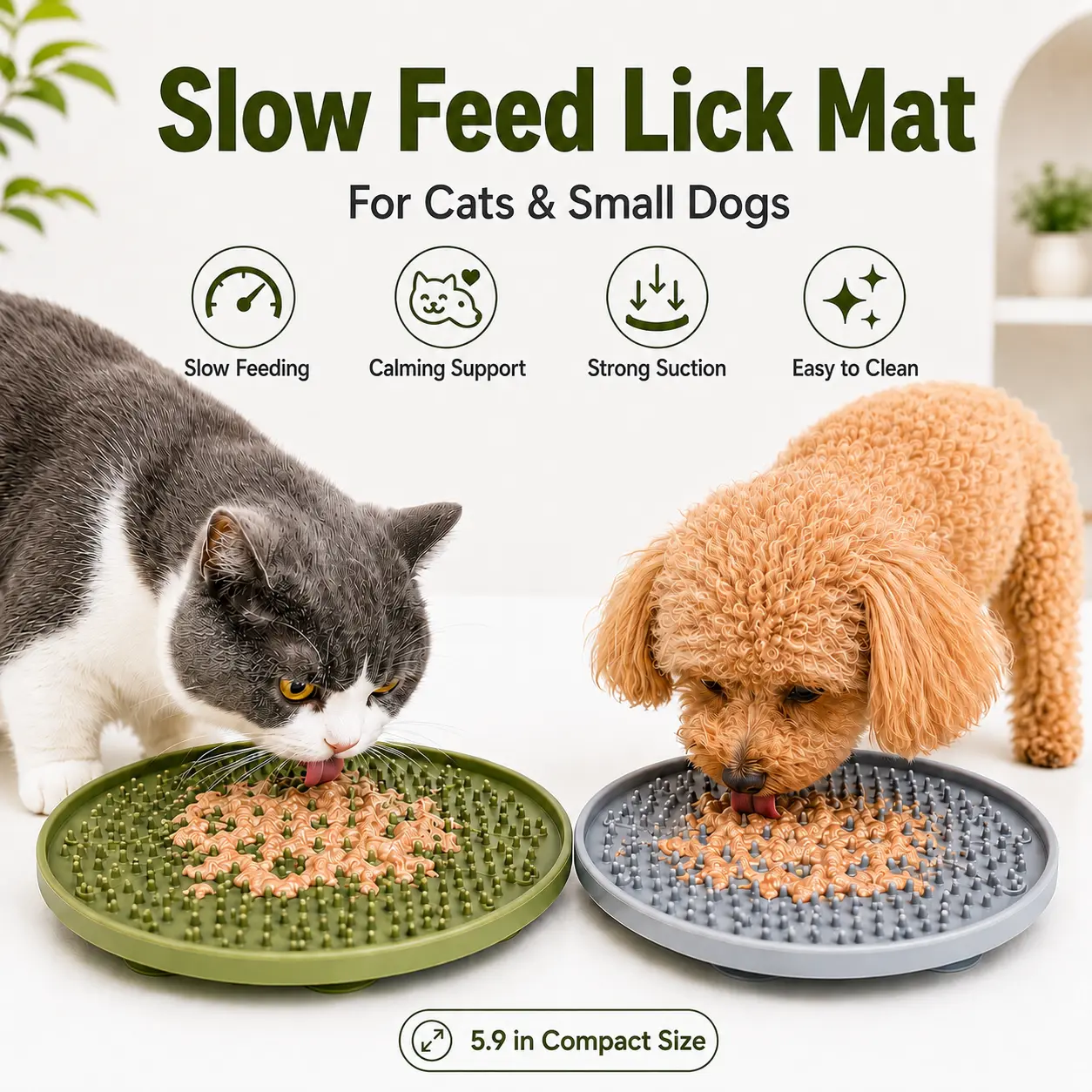 2-Pack Silicone Slow Feed Licking Mat for Cats & Small Dogs, Compact 15cm Green & Gray Mat with Grooved Surface Bumps, Suction Cups for Pet Enrichment, Slow Eating & Easy to Clean, Two-Packs