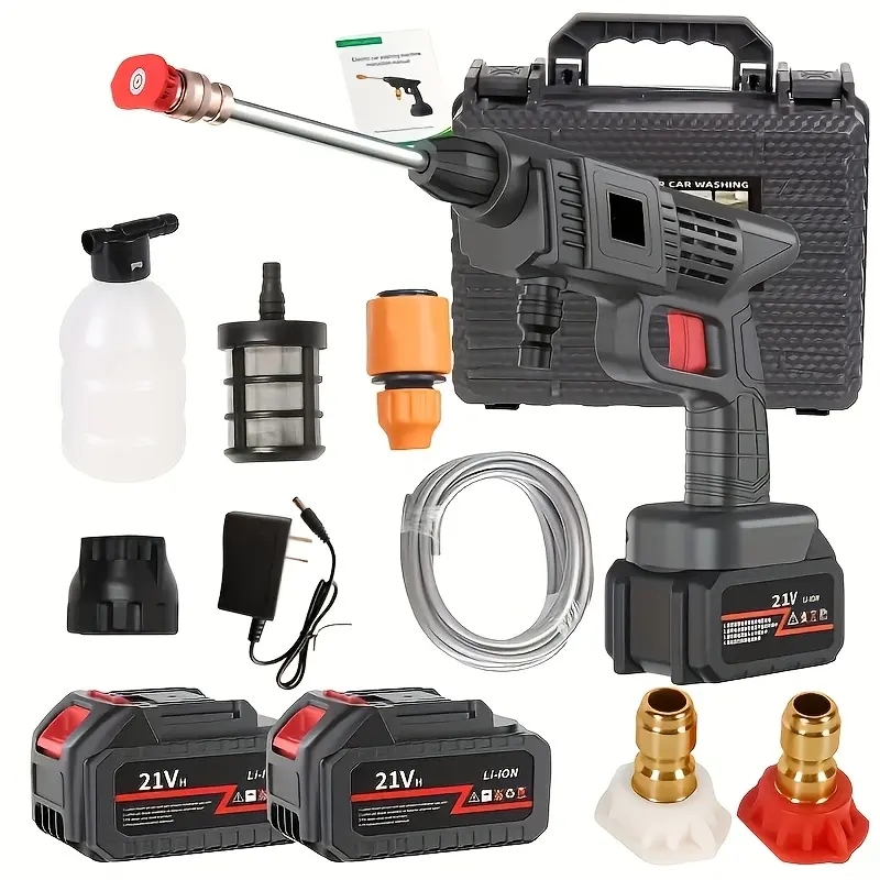 High-pressure Line Cleaning Machine, Rechargeable Battery, Battery-powered, Suitable For Cars, Yards, Driveways, Gardens, Green. Stainless Steel Foam Nozzle, Portable Electric Car Washing Tool.