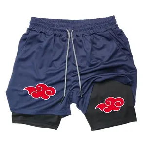 Men's Naruto Akatsuki Red Cloud 2-in-1 Double Layer Workout Gym Shorts