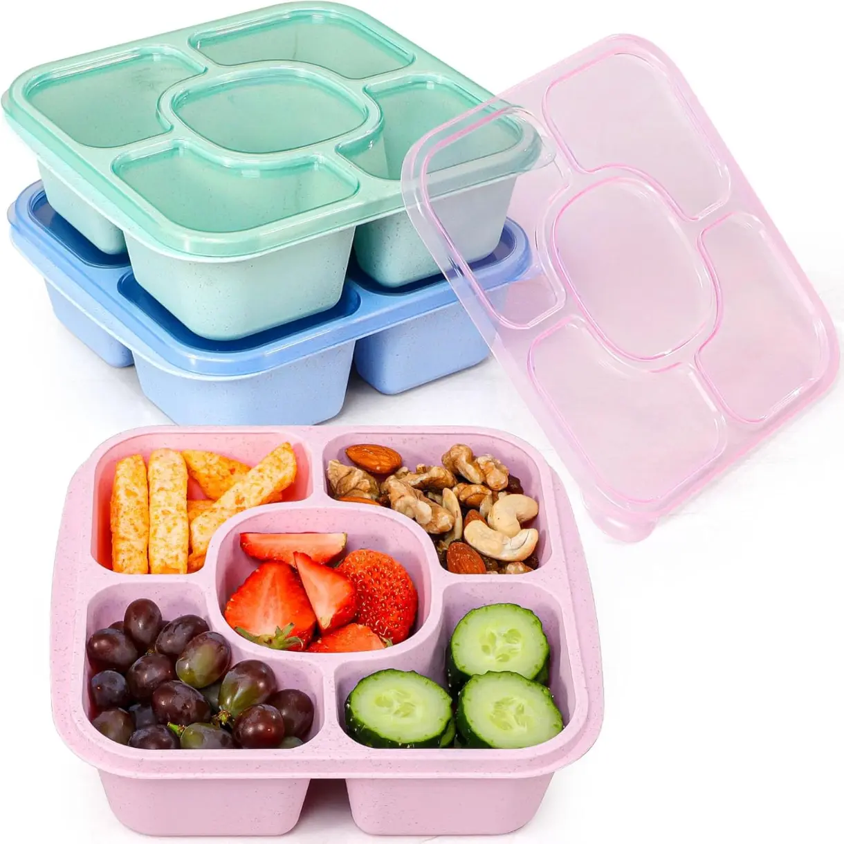 Original Snack Containers for Kids & Adults - Reusable Lunchable Container with 5 Compartment - BPA-Free Bento Snack Boxes for Food Storage & Meal Prep, Wheat Straw, Set of 3 (Brights)