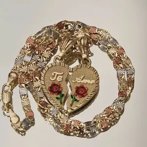 Te Amo Red Rose Heart Pendant with Tricolor 4mm 20-Inch Diamond Cut Style Chain 14 Karat Gold plated Not water resistant