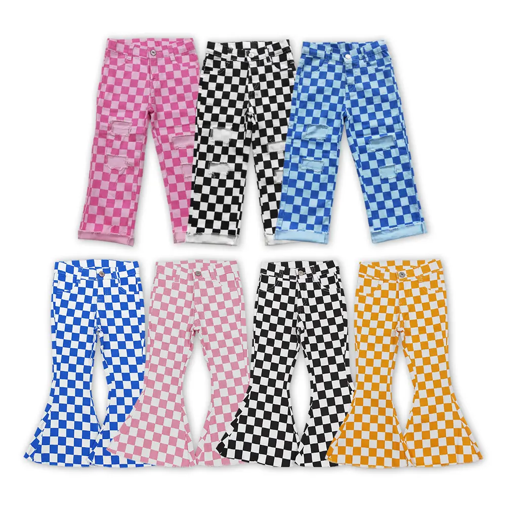 Girls' High-Waisted Checkered Denim Flared Pants - Super Stretchy All-Seasons Kids' Bottoms, Trendy Vibrant Fashion, Super Stretchy Pants, Checkered Pants