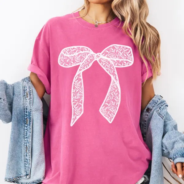 White Lace bow Comfort Color Tshirt, Women's Graphic T-Shirt, Womenswear's Spring trendy women top