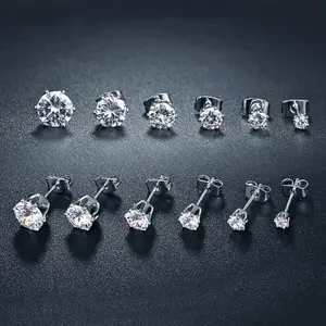 6pcs/set Couple Earrings, 3-8cm Stainless Steel Simple Studs with Zirconia Stone