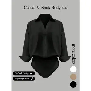 Women's casual loose V-neck long-sleeved shirt jumpsuit, elegant woven fabric, slim fit, suitable for all seasons, and can be layered flexibly.
