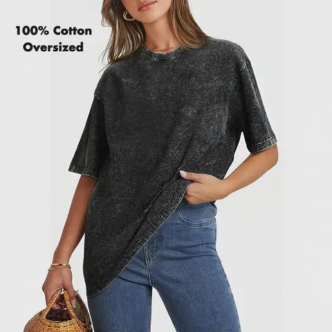 Holafish Women's 100% Cotton Acid Washed Oversized Short-Sleeve Solid Round Neck Tee - Soft Fabric, Loose Fit Basic Top for Summer Casual Beach Streetwear
