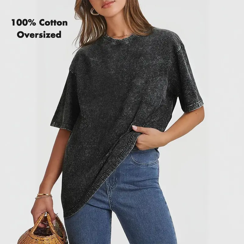 Holafish Women's 100% Cotton Acid Washed Oversized Short-Sleeve Solid Round Neck Tee - Soft Fabric, Loose Fit Basic Top for Summer Casual Beach Streetwear