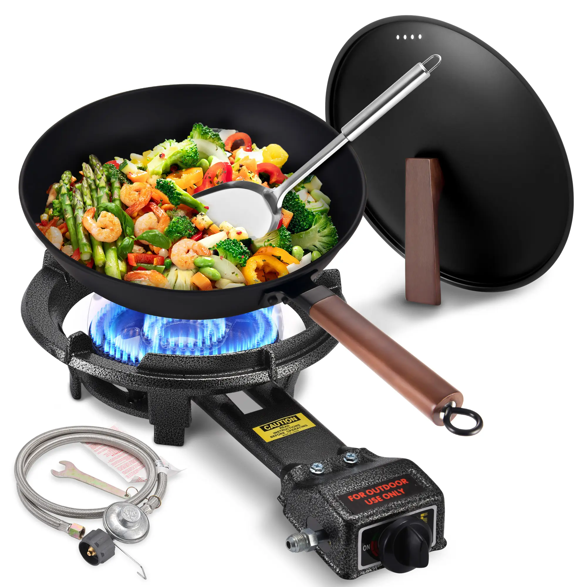 Outdoor ARC Burner Stove, 13" Single Propane Burner with Carbon Steel Wok, Portable Propane Burner with Adjustable Regulator and Stainless Steel Hose, Perfect for Outdoor Wok Burner